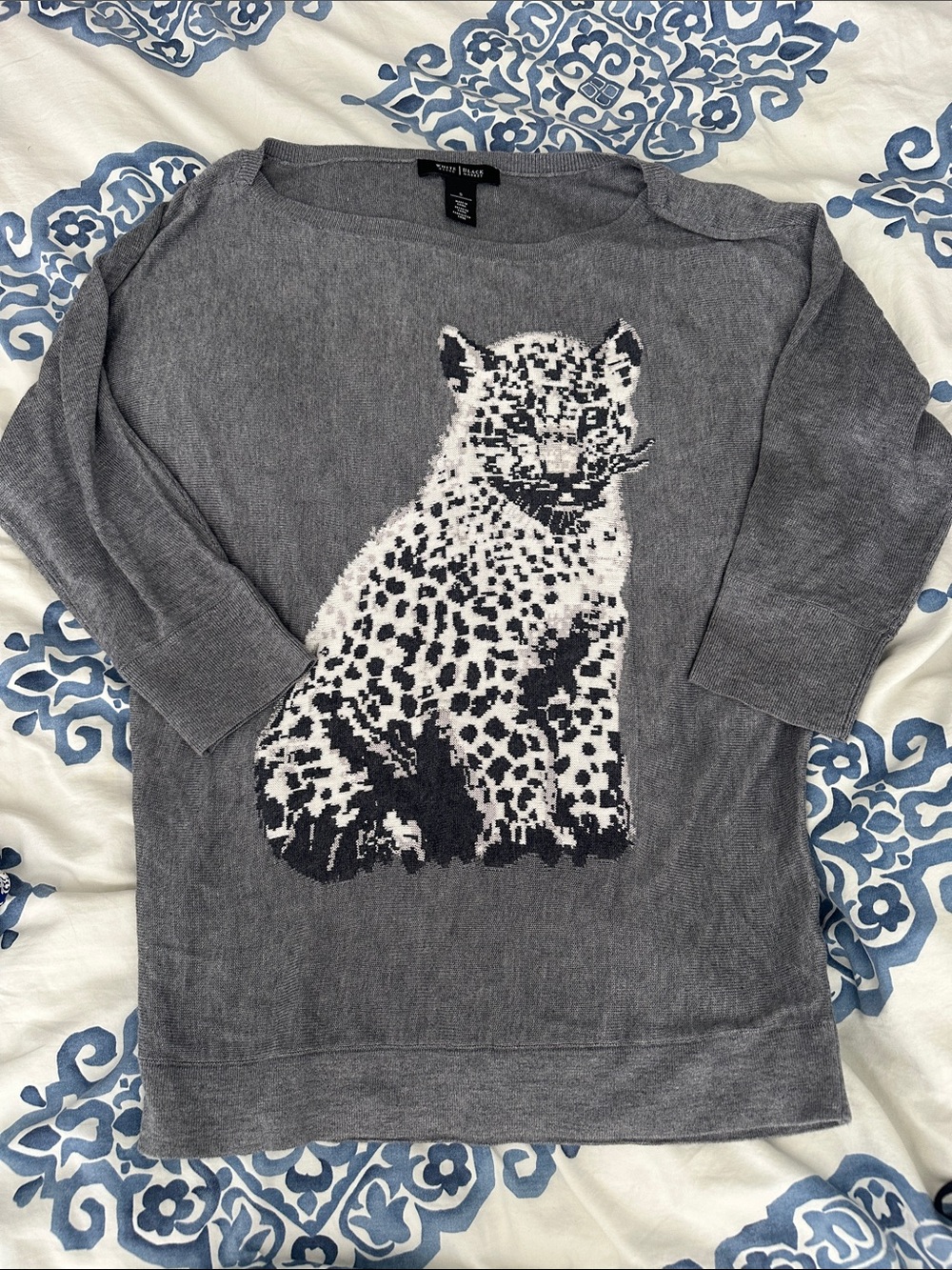 White House Black Market Gray Kids Leopard Intarsia Sweater